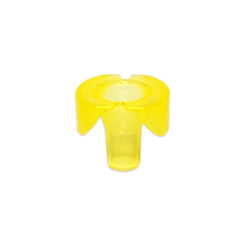 Front view of a pluriStrainer Mini 5 µm (5um). The cell strainer is yellow, has a 5 micron mesh and fits into various tube sizes. The filter can replace BD Falcon and Corning cell strainer, easystrainer, or Miltenyi pre-separation filters. 