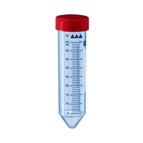 Sterile, 50 ml transparent centrifuge tube with graduation, white label field conical bottom and screw cap - uasable for various of applications and laboratory processes. Tubes can be for density centrifiugation or pluriBead separation.