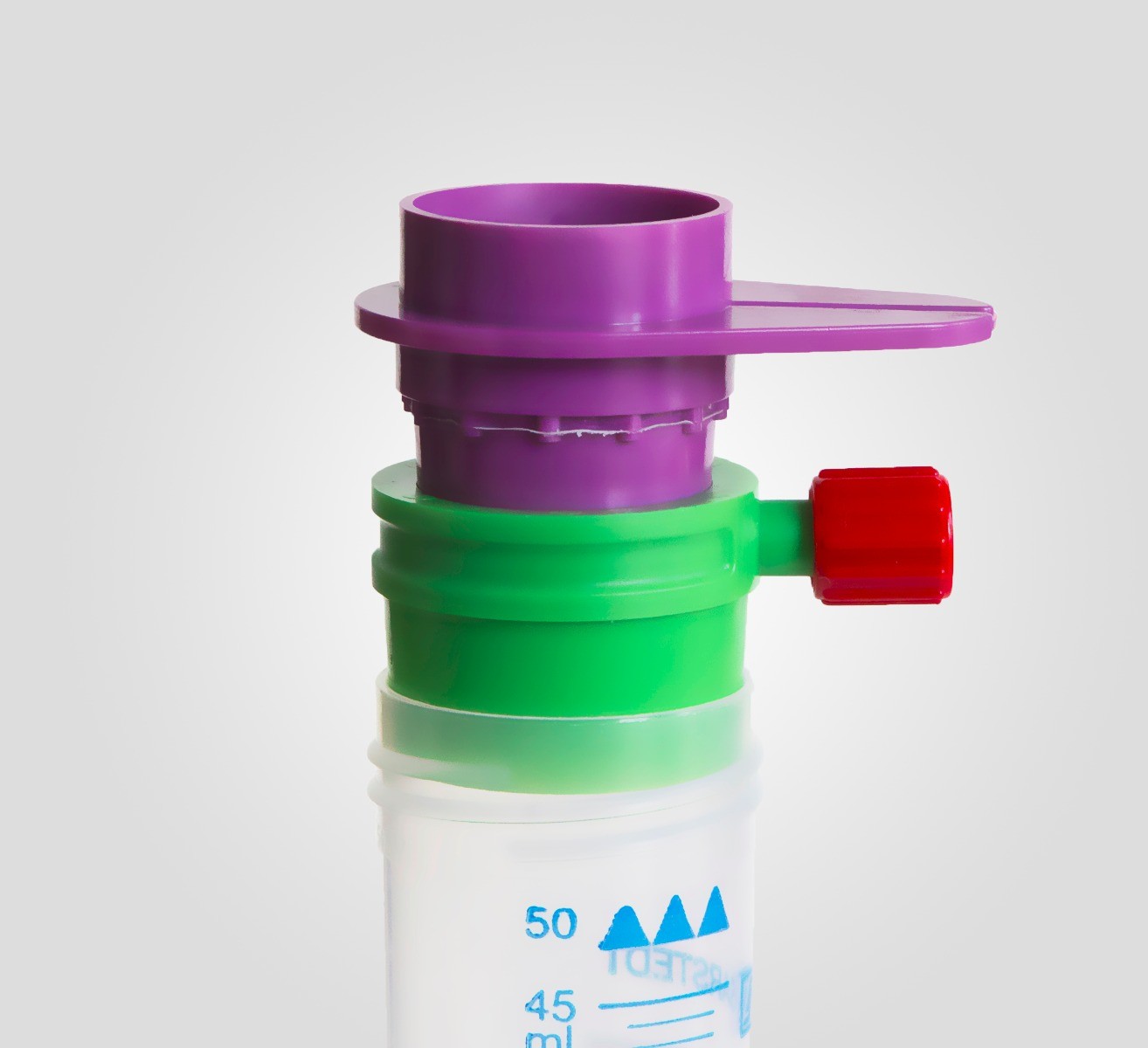 pluriStrainer 30 µm, Connector Ring and a 50 ml centrifuge tube combined to a unit. The Connector allows to control the flow 	through the cell strainer.